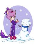  1girl blaze_the_cat blush carrot cat_girl cat_tail eyelashes forehead_jewel gloves high_heels highres looking_at_viewer looking_back ponytail purple_fur rfts10919 scarf snow snowing snowman sonic_(series) sonic_rush sonic_the_hedgehog tail yellow_eyes 