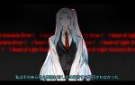  1girl angela_(project_moon) black_skirt black_vest blue_hair coat collared_shirt frown lab_coat lobotomy_corporation long_hair looking_to_the_side necktie nishikujic one_side_up project_moon red_necktie shirt skirt solo spoilers very_long_hair vest white_coat white_shirt yellow_eyes 