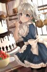  1girl apron blue_dress blue_eyes blue_hair braid cake day dress food fruit frying_pan grey_hair hat highres indoors izayoi_sakuya kitchen maid_apron maid_headdress medium_hair mob_cap puffy_short_sleeves puffy_sleeves red_eyes short_sleeves smile solo strawberry striped striped_dress thigh-highs touhou twin_braids waist_apron wheat_retzel white_apron window 