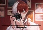  1boy aqua_eyes boku_no_hero_academia camera closed_mouth commentary_request gugugunogu hair_between_eyes highres holding holding_camera long_sleeves looking_at_viewer male_focus multicolored_hair picture_(object) redhead scar scar_on_face short_hair solo todoroki_shouto two-tone_hair upper_body white_hair 