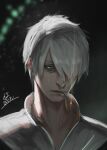  1boy absurdres black_background cigarette ginko green_eyes hair_over_one_eye highres ikasamahideo male_focus mouth_hold mushishi portrait short_hair smoking solo white_hair 