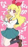  1girl :o aikatsu! aikatsu!_(series) blonde_hair blue_skirt blush bow brown_footwear commentary_request copyright_name full_body hair_bow holding holding_spoon hoshimiya_ichigo kneehighs loafers long_hair long_sleeves looking_at_viewer nae_(rno) neckerchief open_mouth pink_background pleated_skirt red_eyes red_neckerchief sailor_collar school_uniform serafuku shirt shoes skirt socks solo spoon translation_request white_shirt wooden_spoon 