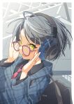  1girl :o bag day duffel_bag glasses grey_hair hands_up headphones indoors kawanobe necktie red_necktie school_uniform short_hair solo stairs standing unmoving_pattern upper_body yellow_eyes 