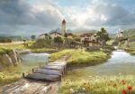  artist_name blunell_(artist) bridge building clouds commentary english_commentary european_architecture flower grass highres landscape nature original outdoors path red_flower river signature sky tree village water watermark white_flower windmill 