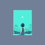  1girl black_hair blue_sky border clouds cloudy_sky from_behind grey_border grey_shirt lowres naname_(fossama1) ocean original pixel_art shadow shirt short_hair simple_background sitting sky sleeveless solo sun tank_top 