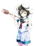  1girl black_hair gorilla_(bun0615) green_eyes highres holding holding_ladle ladle looking_down murasa_minamitsu neckerchief red_neckerchief school_uniform serafuku shirt shorts smile solo touhou white_background white_headwear white_shirt white_shorts 