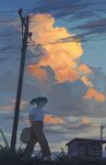  1girl arms_behind_back bag brown_pants bus_stop clouds cloudy_sky dusk grass green_hair hatsuseno_alpha midoriimo_(9ne8n) pants ponytail power_lines shirt sky solo walking white_shirt yokohama_kaidashi_kikou 