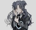  1girl black_necktie collared_shirt e.g.o_(project_moon) employee_(lobotomy_corporation) flat_chest grey_eyes grey_hair grey_jacket grey_vest jacket lobotomy_corporation long_hair long_sleeves necktie open_clothes open_jacket parted_lips project_moon shirt shuishui_a simple_background sketch solo twintails two_side_up upper_body vest white_background white_shirt 