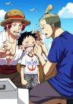  3boys aged_down black_hair blonde_hair blush crying day hat high_ponytail hongou male_focus monkey_d._luffy multiple_boys musasabiop one_piece one_piece_film:_red open_mouth outdoors ponytail redhead scar shanks_(one_piece) short_hair short_ponytail straw_hat teeth 
