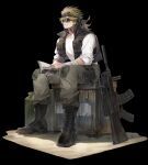  1boy black_background black_footwear black_headband book boony2789 brown_hair facial_hair full_body gas_can gun headband highres jacket long_hair male_focus open_book original pants pouch shirt sitting solo stubble sunglasses thigh_strap weapon weapon_request white_shirt 