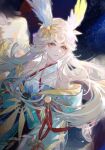  1girl blue_eyes crescent crescent_hair_ornament hair_ornament head_wings highres inaba_kaguya_hime japanese_clothes kimono long_hair mismatched_eyebrows off_shoulder onmyoji parted_bangs shichong short_kimono solo white_hair wings 
