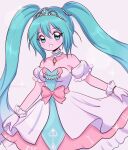  1990s_(style) 1girl absurdres blue_eyes blue_hair blush bow breasts chelly_(chellyko) choker collarbone detached_sleeves dress gem gloves grin hatsune_miku heart heart_print highres long_hair looking_at_viewer pink_background pink_bow print_dress retro_artstyle roman_numeral short_sleeves simple_background small_breasts smile solo sparkle standing teeth tiara twintails very_long_hair vocaloid white_background white_dress white_gloves 