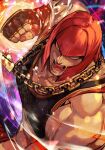  1girl blue_eyes chain clenched_hand fingerless_gloves gloves gold_chain hankuri incoming_attack incoming_punch marisa_(street_fighter) muscular muscular_female punching redhead short_hair solo sports_bra street_fighter street_fighter_6 