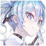  1girl absurdres asymmetrical_hair black_choker black_gloves blue_eyes blue_hair blue_ribbon blush choker closed_mouth collared_shirt commentary english_commentary eyelashes gloves hair_between_eyes hand_up highres hololive hoshimachi_suisei hoshimachi_suisei_(1st_costume) karyln looking_at_viewer one_side_up partially_fingerless_gloves portrait ribbon shirt side_ponytail sidelocks simple_background sketch smile solo star_(symbol) star_in_eye symbol_in_eye v virtual_youtuber white_background 