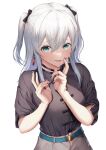  1girl aqua_eyes belt black_choker black_nails black_shirt blush choker collared_shirt double-parted_bangs double_v earrings fang grey_hair heart heart_in_eye highres indie_virtual_youtuber jewelry long_hair looking_at_viewer nail_polish nekomugi_tororo parted_hair parted_lips shirt sidelocks skin_fang skirt sleeves_past_elbows smile solo symbol_in_eye tassel tassel_earrings two_side_up v white_skirt yotsugi 