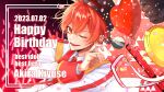  1boy badge balloon baseball baseball_bat baseball_mitt button_badge character_name dated glowstick happy_birthday hat highres idol_clothes kiyose_akira male_focus one_eye_closed red_eyes redhead rotasu_+ signature solo uniteup! upper_body 