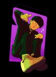  1boy artist_name black_hair black_jacket black_pants bowl_cut commentary english_commentary full_body gakuran gatoiberico highres jacket kageyama_shigeo long_sleeves looking_down male_focus mob_psycho_100 open_mouth pants school_uniform shoes short_hair simple_background sitting sneakers solo 