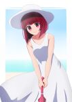  1girl arima_kana bare_shoulders beach blue-rapid blue_sky blurry blurry_background bob_cut border closed_mouth collarbone commentary_request cowboy_shot day dress english_commentary hat highres holding ibispaint_(medium) inverted_bob looking_at_viewer medium_hair mixed-language_commentary oshi_no_ko red_eyes redhead shadow sky sleeveless sleeveless_dress smile solo sun_hat sundress white_border white_dress white_headwear 