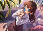  1boy 1girl black_thighhighs blue_eyes blush bow_hairband bracelet brown_hair brown_skirt dutch_angle hairband highres holding holding_paper idolmaster idolmaster_million_live! jewelry kamille_(vcx68) looking_at_viewer nose_blush omikuji outdoors paper people pov pov_hands satake_minako shirt skirt solo_focus thigh-highs white_shirt 