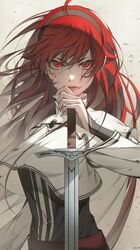  1girl absurdres black_headwear black_socks blood blood_on_face cape eris_greyrat hand_on_hilt high_collar highres long_hair looking_at_viewer mushoku_tensei red_eyes redhead signature socks solo sword upper_body wangza weapon white_cape 