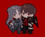  1boy 1girl black_coat black_necktie black_pants brown_hair chibi chinese_commentary closed_mouth coat collared_shirt commentary_request dot_nose e.g.o_(project_moon) employee_(lobotomy_corporation) extra_eyes fur-trimmed_coat fur_trim grey_coat grey_eyes grey_hair grey_pants grey_vest hand_on_own_hip heart lobotomy_corporation long_hair long_sleeves necktie open_clothes open_coat pants project_moon red_eyes red_sweater shirt short_hair shuishui_a sweater vest white_shirt 