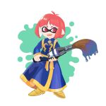  1girl bad_link blue_robe cosplay cotton_(character) cotton_(character)_(cosplay) cotton_(game) domino_mask full_body gold_trim highres inkling inublanc mask paintbrush red_eyes redhead robe short_hair simple_background solo splatoon_(series) standing tentacle_hair yellow_footwear 
