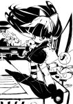  2girls blunt_bangs bow closed_mouth dog full_body greyscale grin hair_bow holding holding_stuffed_toy holding_weapon katana long_hair looking_at_viewer monochrome multiple_girls panty_&amp;_stocking_with_garterbelt panty_(psg) shoes smile standing stocking_(psg) stuffed_toy sword teeth thigh-highs weapon yuuki_(irodo_rhythm) 