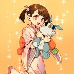  1girl :d arimura_marron brown_background brown_eyes brown_footwear brown_hair hair_ornament japanese_clothes kimi_no_na_wa. kimono long_sleeves looking_at_viewer miyamizu_yotsuha object_hug pink_kimono print_kimono rabbit_hair_ornament simple_background smile solo standing standing_on_one_leg stuffed_animal stuffed_rabbit stuffed_toy twintails wide_sleeves zouri 