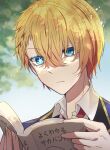 1boy blonde_hair blue_eyes blue_jacket blurry blurry_background book closed_mouth collared_shirt commentary_request crossed_bangs hair_between_eyes highres holding holding_book hoshino_aquamarine jacket konokikiki leaf male_focus mismatched_pupils necktie no_pupils open_book oshi_no_ko partial_commentary reading red_necktie school_uniform shirt short_hair solo star-shaped_pupils star_(symbol) symbol-shaped_pupils translation_request tree upper_body white_shirt youtou_high_school_uniform 
