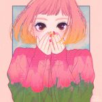  1girl blonde_hair covering_mouth dated flower gradient_hair highres leaf looking_at_viewer multicolored_hair nail_polish original pink_flower pink_hair pink_nails pink_tulip plaid_nails red_eyes signature solo tulip u_pandaruma upper_body yellow_nails 