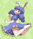  1girl animal_ears blue_dress blue_hair blush dress earclip frilled_dress frilled_sleeves frills full_body green_background highres long_hair open_mouth puffy_short_sleeves puffy_sleeves rabbit_ears rabbit_tail red_eyes rokugou_daisuke seiran_(touhou) short_sleeves signature smile socks solo tail teeth touhou upper_teeth_only white_socks 
