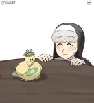  1girl ^_^ bad_link bag bandaid bottle_cap closed_eyes diva_(hyxpk) frog_headband habit highres numbered nun original sheep_nun_(diva) simple_background table white_background 