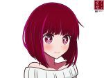  1girl absurdres aikazilla arima_kana bare_shoulders blush bob_cut closed_mouth collarbone commentary highres inverted_bob looking_at_viewer medium_hair off-shoulder_sweater off_shoulder oshi_no_ko outline red_eyes redhead signature simple_background smile solo star-shaped_pupils star_(symbol) sweater symbol-shaped_pupils twitter_username upper_body variant_set white_background white_outline white_sweater 