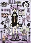  1girl black_choker black_shirt carrot carrot_print choker crack food_print garouma highres industrial_pipe long_hair original plant potted_plant print_shirt purple_hair shirt shoes sign socks solo surreal traffic_cone twintails white_rabbit_(animal) white_socks 