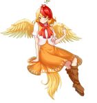  1girl absurdres animal animal_on_head bird bird_on_hand bird_on_head bird_tail bird_wings blonde_hair blush boots brown_footwear buttons chick closed_mouth dress feathered_wings full_body highres knee_boots ldschem16 multicolored_hair niwatari_kutaka on_head orange_dress red_eyes redhead shirt short_hair short_sleeves simple_background smile solo tail touhou two-tone_hair white_background white_shirt wings yellow_wings 