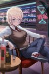  1girl alcohol alina_novikov aqua_eyes bar_(place) blonde_hair breasts brown_vest button_gap chair commission crossed_legs denim highres jeans large_breasts long_sleeves looking_at_viewer necktie pants red_necktie shirt short_hair silvertsuki sitting solo tatakau_ataisuru tomboy vest white_shirt 