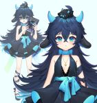  1girl :3 ahoge animal_ears black_dress black_footwear black_ribbon blue_bow blue_eyes blue_hair blue_tongue blush book bow colored_tongue dress english_text facial_hair highres holding holding_book horns jewelry lerome long_hair mustache necklace open_mouth original ribbon solo stuffed_animal stuffed_toy 