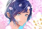  1boy absurdres blue_eyes blue_hair cherry_blossoms day folding_fan hand_fan highres isuzugawa_chihiro looking_at_viewer male_focus outdoors portrait rotasu_+ short_hair smile solo uniteup! 
