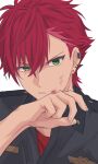  1boy blood collared_shirt commentary_request ear_piercing earrings fingernails green_eyes hand_up helios_rising_heroes highres injury jewelry male_focus otori_akira parted_lips partial_commentary piercing redhead sekina shirt short_hair simple_background solo upper_body white_background 