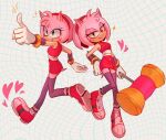  1girl amy_rose animal_ears artist_request dress furry furry_female green_eyes hammer hedgehog hedgehog_ears hedgehog_girl hedgehog_tail highres holding holding_hammer holding_weapon pink_fur pointing red_dress red_footwear sonic_(series) sonic_boom_(game) tail thigh-highs weapon 