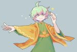  +_+ 1boy :3 ahoge blush green_hair grey_background holding idolmaster idolmaster_side-m japanese_clothes kimono multicolored_clothes multicolored_kimono naname_(fossama1) nekoyanagi_kirio open_clothes open_kimono outstretched_arm simple_background solo star_(symbol) yellow_eyes 