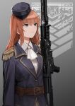  absurdres blue_headwear blue_jacket girls_frontline green_eyes grey_background griffin_&amp;_kryuger highres jacket military_uniform orange_hair rampart1028 serious shirt sig-510_(girls&#039;_frontline) sig_sg510 uniform white_shirt 