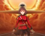  1girl aircraft airplane character_request clouds cloudy_sky copyright_request glass_cockpit looking_at_viewer medium_hair military_uniform orange_sky runway shi_o_musubi sky solo uniform 