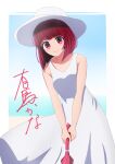  1girl arima_kana bare_shoulders beach blue-rapid blue_sky blurry blurry_background bob_cut border character_signature closed_mouth collarbone commentary_request cowboy_shot day dress english_commentary hat highres holding ibispaint_(medium) inverted_bob looking_at_viewer medium_hair mixed-language_commentary oshi_no_ko red_eyes redhead shadow sky sleeveless sleeveless_dress smile solo sun_hat sundress white_border white_dress white_headwear 