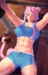 1girl abs absurdres animal_ears bench_press buttslayer cat_ears dumbbell exercise final_fantasy final_fantasy_xiv green_eyes gym hair_over_one_eye highres miqo&#039;te muscular muscular_female non-web_source on_bench open_mouth pink_hair short_hair sports_bra sportswear sweat tomboy warrior_of_light_(ff14) weightlifting