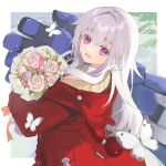  1girl absurdres bouquet bug butterfly chinese_commentary clara_(honkai:_star_rail) coat commentary_request flower highres holding holding_bouquet honkai:_star_rail honkai_(series) long_hair open_mouth pink_eyes pink_flower red_coat smile solo white_butterfly white_hair yuki_(miyuki_kii) 