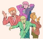  1boy arms_behind_head artist_name blonde_hair commentary english_commentary gatoiberico hand_up highres long_sleeves looking_at_viewer male_focus mob_psycho_100 multiple_views necktie open_mouth pants reigen_arataka short_hair simple_background standing suit suit_jacket sweat 