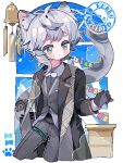  1boy animal_ear_fluff animal_ears arknights black_coat black_gloves blue_sky blush bow bowtie chinese_commentary coat collared_shirt commentary_request cropped_legs desk dust_cloud formal gloves grey_eyes grey_hair grey_pants grey_shirt grey_suit grey_vest highres infection_monitor_(arknights) leopard_boy leopard_ears leopard_tail looking_to_the_side male_focus official_alternate_costume pants paw_print pixelated saucer_(saucer752) shirt short_hair silverash_(arknights) silverash_(york&#039;s_bise)_(arknights) single_sidelock sky solo stamp_mark suit tail umbrella vest white_bow white_bowtie wind_chime window 