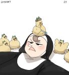  1girl angry bird bottle_cap diva_(hyxpk) duck duckling frog_headband froggy_nun_(diva) habit highres nose_bubble numbered nun original simple_background sleeping sleeping_with_eyes_open white_background 