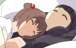  2girls black_hair blunt_bangs cardcaptor_sakura closed_eyes daidouji_tomoyo female_child hair_bobbles hair_ornament highres kinomoto_sakura long_hair lying multiple_girls nnn-ollll short_hair sleeping two_side_up upper_body 